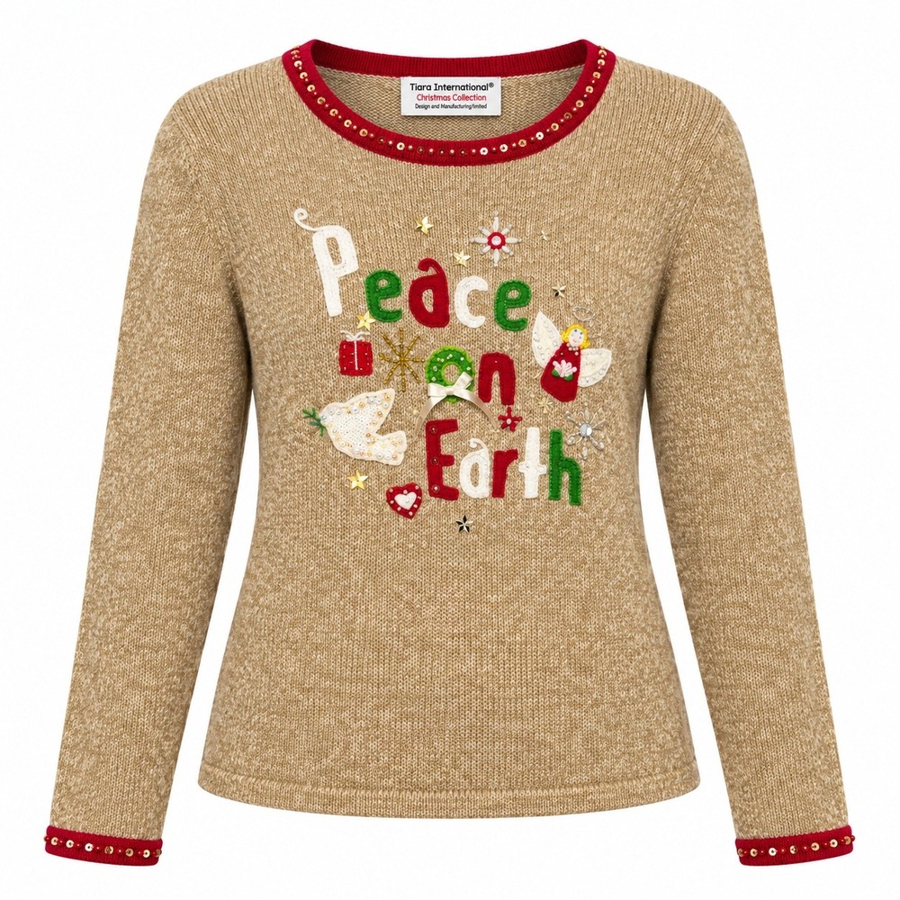 Vintage Tiara International Kitsch Ugly Christmas Sweater Size XL Peace On Earth